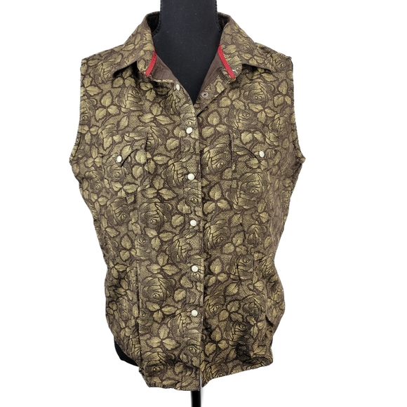 Retro ROUGHSTOCK Sleeveless Brown Patterned Button-Up Shirt - Picture 1 of 7
